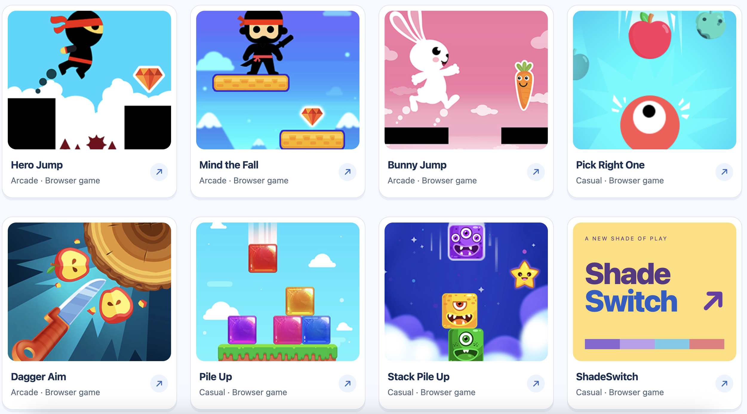 Hero Jump, Mind the Fall, Bunny Jump, Pick Right One, Dagger Aim, Pile Up, Stack Pile Up and ShadeSwitch
